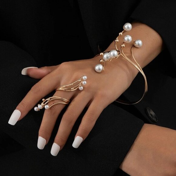 Classic 2 Pcs/Set Gold Plated Tiered Line Pearl Ring Statement Bangle Bracelet - Picture 2 of 4